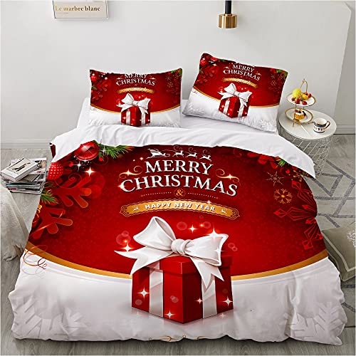 YASMENG Weihnachten Bettwäsche 200x220 Wintermotiv Christmas Rot Weiß 3D Bettwäsche Weich Mikrofaser Bettwäsche 3 Teilig für Teenager Geschenke Mädchen mit Reißverschluss und 2 Kissenbezüge 80x80 cm von YASMENG