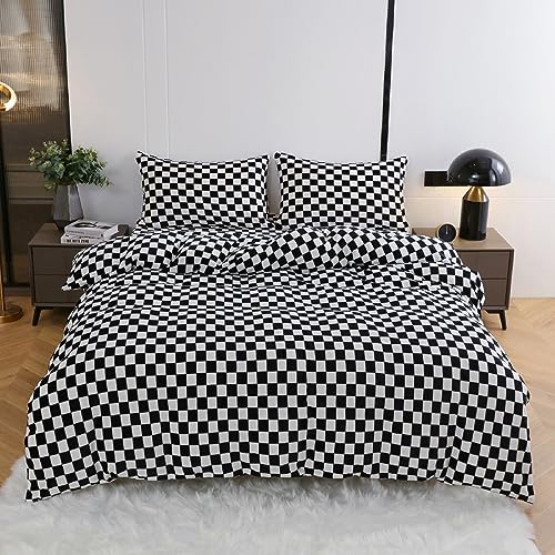 YASMENG Winter Plüsch Bettwäsche 135x200cm Schwarz Weiß Kariert Muster Bettbezug Set Flauschig Warme Cashmere Touch Bettwäsche mit Reißverschluss und 1 Kopfkissenbezug 80 x 80 cm von YASMENG