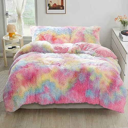 YASMENG Winter Plüsch Bettwäsche 200x200 Regenbogen Bunt Plüsch Langhaar Bettbezug Set Weich Kuschelig Flauschige Bettwäsche 3 Teilig für Kinder Mädchen mit Reißverschluss und 2 Kissenbezüge 80x80 cm von YASMENG