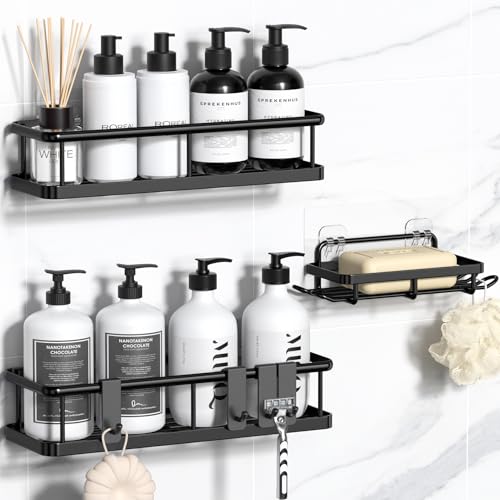 YASONIC Duschregal ohne Bohren mit Seifenschale - Rostfreier & Stabiler Badezimmer Organizer, Schnelltrocknend Duschablage Badregal, Shampoo Halterung für Dusche Shower Shelf, 3 Stück Schwarz von YASONIC