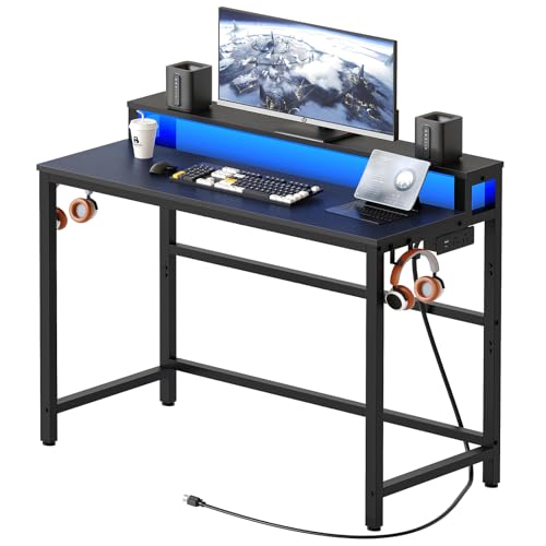 YATINEY Computertisch mit Ladestation und LED-Lichtern, Gaming-Schreibtisch mit Monitorständer, 2-stöckiger Home-Office-Schreibtisch mit 4 Seitenhaken, für Wohnzimmer, Homeoffice, Schwarz DN01UDBBY1 YATINEY Computertisch mit Ladestation und LED-Lichtern, Gaming-Schreibtisch mit Monitorständer, 2-stöckiger Home-Office-Schreibtisch mit 4 Seitenhaken, für Wohnzimmer, Homeoffice, Schwarz DN01UDBBY1 von YATINEY