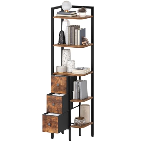 YATINEY Eckregal Ständer, 5-stöckiges Eck-Bücherregal mit 3 Schubladen, industrielles Ausstellungsregal für enge Räume, kleines Bücherregal aus Holz, einfache Montage, rustikales Braun und Schwarz von YATINEY