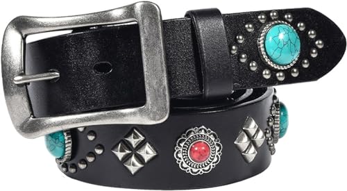 Western-Nietengürtel, Metall, Punk, Rock, roter Edelstein, türkisfarbene Inlay-Nieten, helle Pyramide für Damen und Herren, Cowgirl, Cowboy, Schwarz, 115 cm/Taille: 39 Zoll, 421Sensationell von YATINMEM