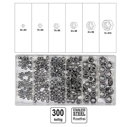 Muttern Sortiment 300 tlg. metrisch Edelstahl Muttern rostfrei Sechskantmuttern von YATO