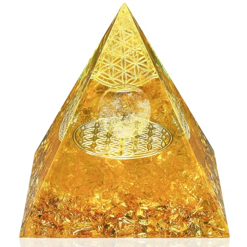 YATOJUZI 6,1 cm Orgon-Pyramide Heilkristalle Steine Citrin Gelb Golden Dekorationen Chakra Reiki Orgonit Edelsteine Home Office Schreibtisch Dekor Positive Energie Glück Geld Ornamente Geschenke für von YATOJUZI