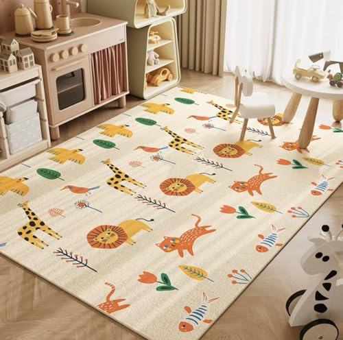 Kinderteppich Waschbar Teppiche Fußmatte für Wohnzimmer Schlafzimmer Kinder Blau Spielteppich Krabbelmatte Teenager Junge Kinderteppich Spielteppich Babymatte Weich Tier Löwe (Beige 2, 120x180cm) von YATOLA