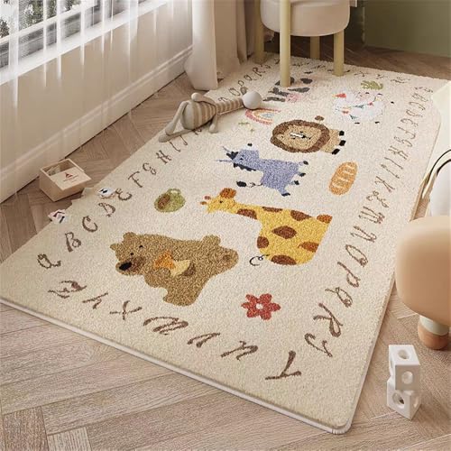 Teppich Kinderzimmer Wohnzimme Spielteppiche Fluffy Kinderteppich Weich Waschbare Rutschfester Wärmedämmteppich mit Cartoon-Druck Krabbelunterlage Kindermatte Elefanten Löwe (Beige 1, 60x120cm) von YATOLA