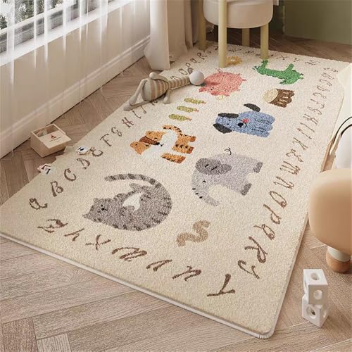 Teppich Kinderzimmer Wohnzimme Spielteppiche Fluffy Kinderteppich Weich Waschbare Rutschfester Wärmedämmteppich mit Cartoon-Druck Krabbelunterlage Kindermatte Elefanten Löwe (Beige 2, 60x120cm) von YATOLA