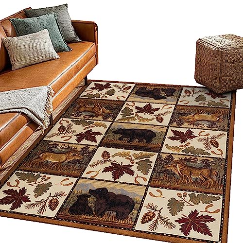 Teppich Wohnzimmer Schlafzimmer Weich Anti-Rutsch Waschbar Unterseite Teppiche für Kinderzimmer Moderner Braun Läufer Teppich Hirsch Bär Tier Vintage Ethnisch Braun Tapis (Braun 2, 80x120x0.5cm) von YATOLA