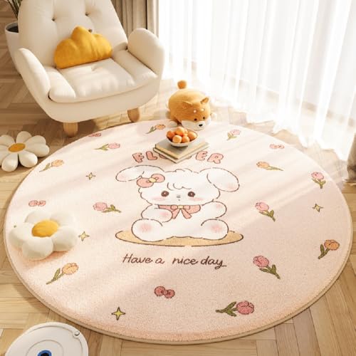 YATOLA Rund Kinderteppich Rosa Weiß Teppich Kinderzimmer Babyteppich Schlafzimmer Wohnzimmer Küche Fußmatten Gymnastikmatte Wurf Kinderspiel Krabbel Matte Spielmatte Löwe Kaninchen (Weiß, 60x60cm) von YATOLA