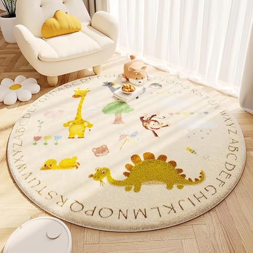 YATOLA Rund Teppich Wohnzimmer Waschbar Große Kinderzimmer Spielmatte Babymatte Teppich Schlafzimmer Flauschige Creme Matte Teppichen für Schlafzimmer Kaninchen Regenbogen Giraffe (Creme 2, 60x60cm) von YATOLA