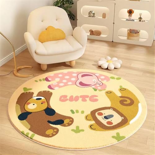 YATOLA Runde Teppich Mädchen Jung für Kinder Weicher Kinderzimmerteppich Baby Spielen Krabbelmatte Rutschfester Teppichbodenkissen Spielzimmer Schlafzimmer Tiere Elefanten Löwen (Gelb, 100x100cm) von YATOLA