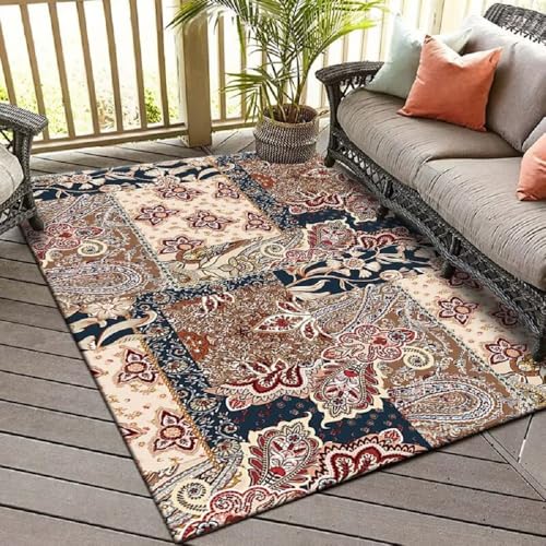 YATOLA Teppich Kinderteppich Kurzflor Weich Krabbeldecke rutschfest für Wohnzimmer Schlafzimmer Bohemia Kinderteppiche Waschbar Vintage Rot Blau Weiß Teppiche für Innenbereich (Braun, 100x120cm) von YATOLA