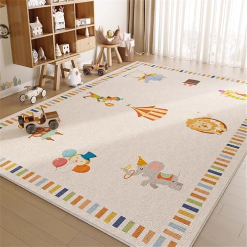 YATOLA Teppich Kinderzimmer Wohnzimme Spielteppiche Kinderteppich Weich Waschbare Rutschfester Wärmedämmteppich Cartoon Krabbelunterlage Kindermatte beige Elefanten Tiger Löwen (Cream 1, 120x160cm) von YATOLA