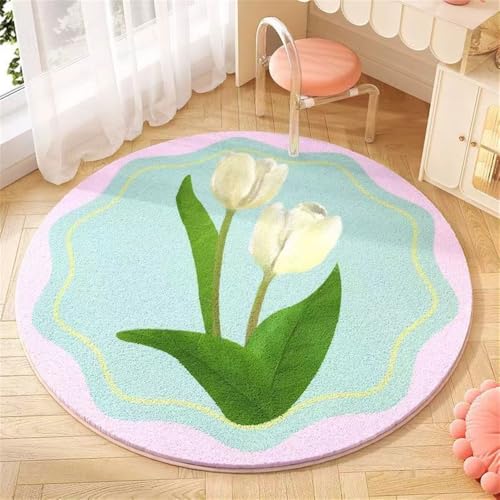 YATOLA Teppich Wohnzimmer Kurzflor Groß Kinder Spielteppich Junge Mädchen Kinderteppich für Schlafzimmer rutschfest Flauschiger Teppiche Waschbarer Grün Rosa Garten Blumen (Rosa Grün, 80x80cm) von YATOLA