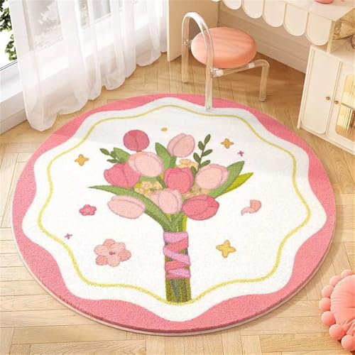 YATOLA Teppich Wohnzimmer Kurzflor Groß Kinder Spielteppich Junge Mädchen Kinderteppich für Schlafzimmer rutschfest Flauschiger Teppiche Waschbarer Grün Rosa Garten Blumen (Rosa Weiß, 120x120cm) von YATOLA