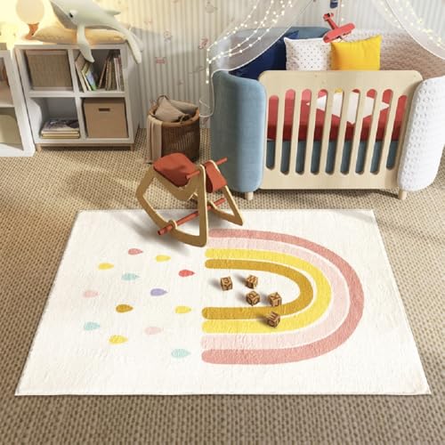 YATOLA Teppich Wohnzimmer Kurzflor Kinder Spielteppich Junge Mädchen Schlafzimmer Flauschiger Kinderzimmerteppich Baby Spielen Krabbelmatte Teppichbodenkissen Spielzimmer Regenbogen (Weiß 3, 60x90cm) von YATOLA