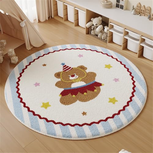 YATOLA Teppich Wohnzimmer Schlafzimmer Kurzflor Rund Groß Kinder Spielteppich Junge Mädchen Kinderteppich für Schlafzimmer rutschfest MatteTeppiche Flauschiger Teppich Hund Bären (Blau, 80x80cm) von YATOLA