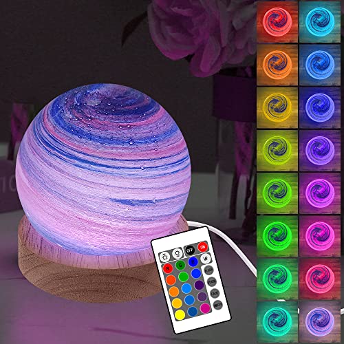 YATOSEEN 3D Planet Glaskugel Nachtlicht, 16 Farben LED Sunset Glow Stimmungslicht Tischlampe Astronomie Ornament mit Fernbedienung und Holzsockel, und Coole Geschenke für Erwachsene und Kinder von YATOSEEN