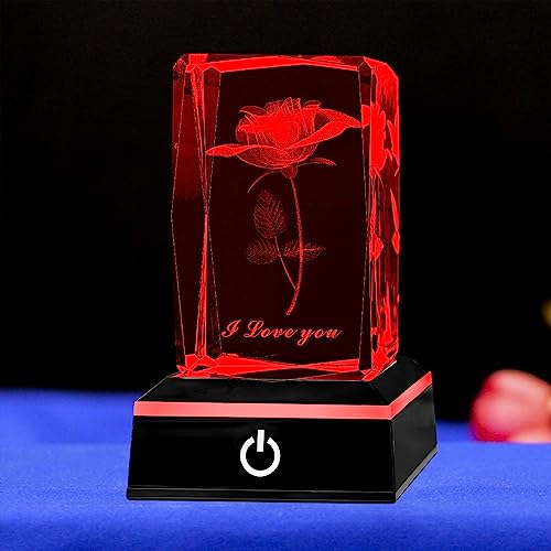 YATOSEEN 3D Rosenkristall mit buntem LED-Lichtsockel, I Love You Geschenke für Ehefrau, Freundinnen, Mutter, Rose, Blume, romantisches Geschenk für Jubiläum, Geburtstag, Muttertag, Valentinstag von YATOSEEN