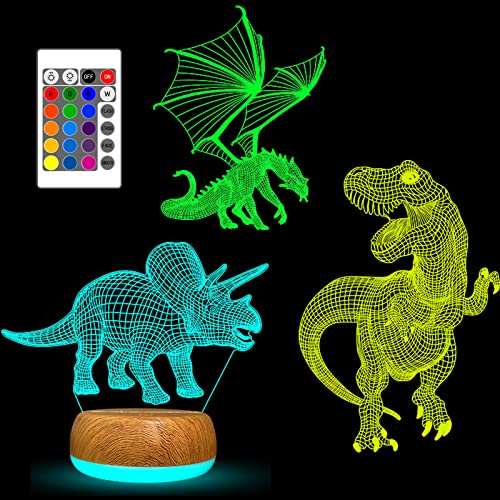 YATOSEEN Dinosaurier 3D Illusion Lampe, Dinosaurier Nacht Lichter mit 16 Farbwechseln mit Fernbedienung oder Touch, Einschließlich Tyrannosaurus Rex Fliegender Drache Triceratops 3 Muster von YATOSEEN