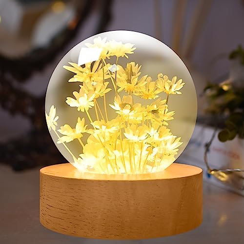 YATOSEEN Kristallkugel Lampe mit Immerwährender Blume, 6cm Stimmungsvolles Nachtlicht mit Holzsockel, Schreibtischdekoration Geschenk für Erwachsene oder Kinder von YATOSEEN