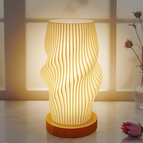 YATOSEEN Nachttischlampe mit Holzsockel, 3-Farbige Schlafzimmer-Tischlampe mit Knopfsteuerung,10-stufig Dimmbare Nachtlicht mit 3D-Gedrucktem PLA-Lampenschirm, Geeignet für Wohnzimmer und Schlafzimmer von YATOSEEN