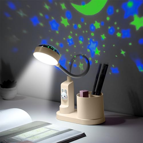 YATOSEEN Schreibtischlampe Kinder mit Sternenprojektion, Schreibtischlampe mit Stifthalter, Schwanenhals-Tischlampe, LED-Nachttischlampe, Dimmbare Helligkeit, Wiederaufladbare Lampe 2 von YATOSEEN