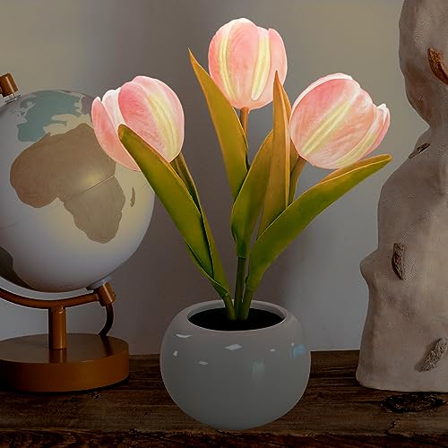 YATOSEEN Tulpe Lampe, Tischlampe Schreibtisch Lampe Blume Ornamente Led Simulation Tulpe Nachtlicht mit Keramik Vase, für Haus Wohnzimmer Desktop Dekor (Rosa Tulpen) von YATOSEEN