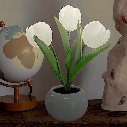 YATOSEEN Tulpe Lampe, Tischlampe Schreibtisch Lampe Blume Ornamente Led Simulation Tulpe Nachtlicht mit Keramik Vase, für Haus Wohnzimmer Desktop Dekor von YATOSEEN