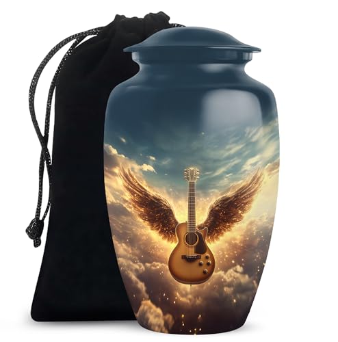Yatskia Angel Wings Gitarre Große blaue Gedenkurne für menschliche Asche Erwachsene männlich und weiblich, Einäscherungsurne für Asche Erwachsene (klassisch groß, 25,4 cm) von YATSKIA