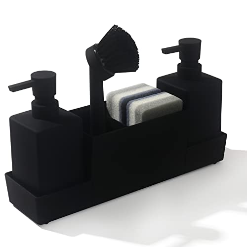 Küchenseifenspender mit Schwammhalter Set für Spülbecken, Handseife und Spülseifenspender mit Bürste, Mattschwarz von YAUKPH