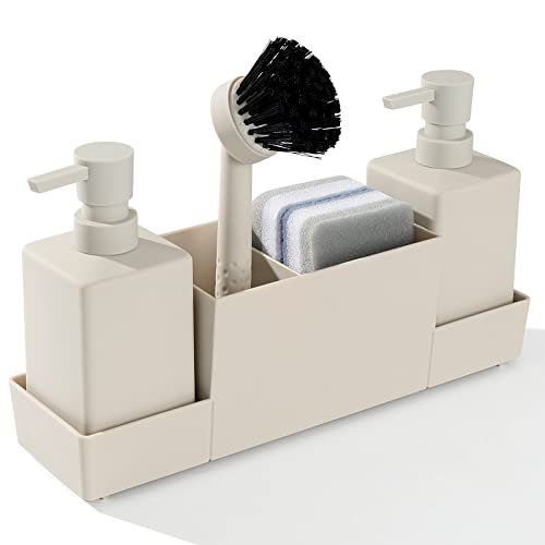 Küchenseifenspender mit Schwammhalter Set für Spülbecken Caddy (Doppelseifenspender und 1 Bürste) beige matt von YAUKPH