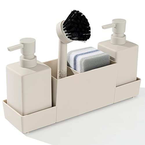 Küchenseifenspender mit Schwammhalter Set für Spülbecken-Caddy, Handseife und Spülseifenspender mit Bürste, Mattbeige von YAUKPH