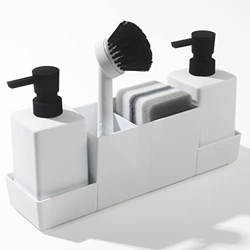 Küchenseifenspender mit Schwammhalter Set für Spülbecken, Handseife und Spülseifenspender mit Bürste, Mattweiß von YAUKPH