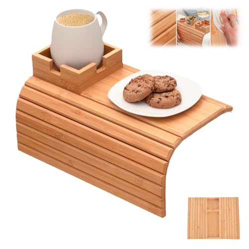 YAUWIHE Faltbare Bambusschale mit Tassenhalter, Faltbare Bambus-Couch-Armtischtablett, Bambus-Couch-Cup-Halter-Tablett, abnehmbare Anti-Schlupf-Couch-Arm-Cup-Halter, für Tassen, Snacks (B) von YAUWIHE