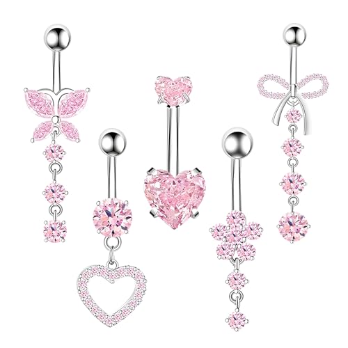 YAWYO 5er-Set Bauchnabelpiercings, Edelstahl-Bauchnabelpiercing-Set mit Herz-Schleife für Frauen und Mädchen (Pink) von YAWYO