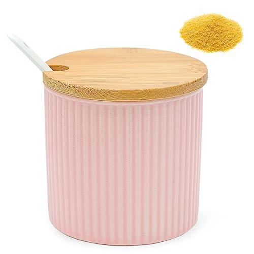 YAXIDAEVER Zuckerdose mit Holzdeckel, 240 ml, Keramik-Gewürzglas, Salzbehälter, Gewürzgläser mit Löffel zum Servieren von Zucker, Pfeffer, Gewürz von YAXIDAEVER