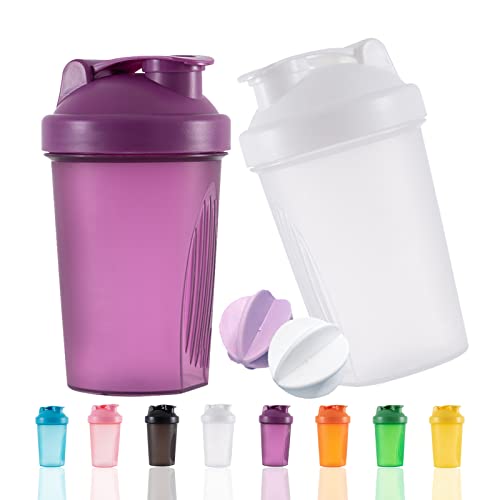 YAYAYOUNG Protein Shaker Flasche 400 ml Auslaufsicher, BPA Frei, Eiweiß Shaker für Supplement Shakes mit Sieb & Skala, Fitness Mixer für cremige Whey Proteinpulver Shakes, (Weiß+Lila(2PCS) von YAYAYOUNG