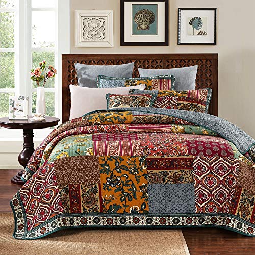 YAYIDAY Patchwork-Baumwoll-Tagesdecke, Queen-Size-Bohemian-Muster, Frühling, Sommer, Bettwäsche – atmungsaktiv, florale gesteppte Decke, wendbar, moderner genähter Bettbezug, (Red Queen) von YAYIDAY