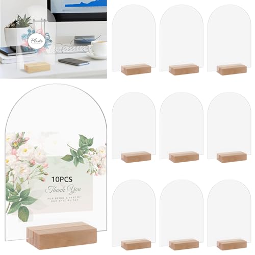 YAYODS 10 Stück Acrylplatte Transparent Bogen Tischnummern Hochzeit - 12.5x17.5CM Wiederverwendbar Tischkarten Hochzeit Acryl Platte mit Holzsockel - Acrylglas Platte 2mm, Acryl Clear Arch Tischkarte von YAYODS