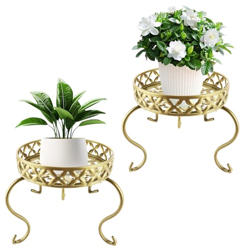 YAYODS 2 Stück Blumenständer Pflanzenständer Gold - 25cm Blumenhocker Blumentisch Metall - Pflanzenhocker Plant Stand - Blumentopf Erhöhung - Hocker für Pflanzen Dekoration Balkone Innenhöfe Garten von YAYODS