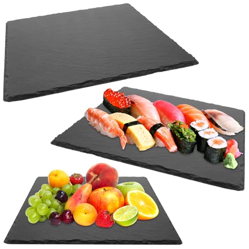 YAYODS 3 Stück Schieferplatte 30x30CM - Servierplatten Quadratisch Naturschiefer - Servierplatte Groß aus Schiefer - Servierplatte für Buffet, Sushi, Käse - zum Servieren, Anrichten und als Deko von YAYODS
