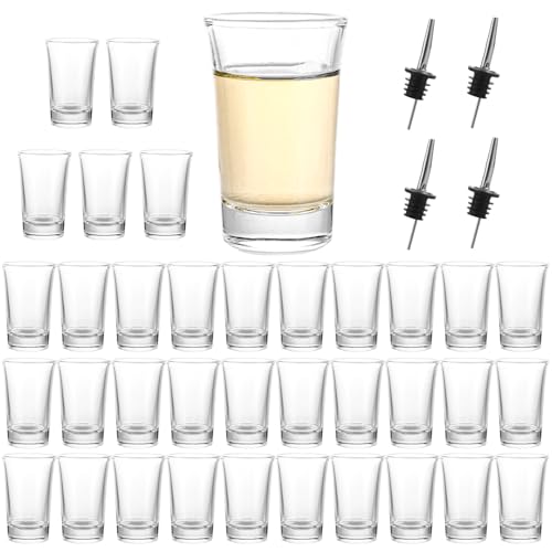 YAYODS 36 Stück Schnapsgläser 5cl Glas - Schnapsglas Spülmaschinenfest - Shot Gläser Wiederverwendbar mit 4 Stück Flaschenausgießer Edelstahl für Kräuterlikör, Bismarck, Wodka, Tequila von YAYODS