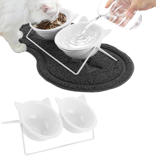YAYODS 4 Stück Katzennapf Keramik - 300ml Katzennapf Erhöht mit Napfunterlage - Erhöhter Katzennapf - Futternapf Katze Erhöht - Katzennäpfe Mit 2 Metallständer - Napferhöhung Katzen, Spülmaschinenfest von YAYODS