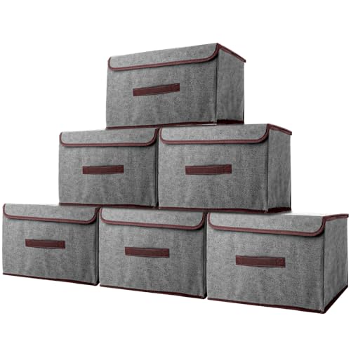 YAYODS 6 Stück Aufbewahrungsbox Stoff - 36x23x24cm Boxen mit Deckel Aufbewahrung - Boxen Aufbewahrung Faltbare Grau für Kleidung, Socken, Schrank, Regal, Kleiderschrank von YAYODS