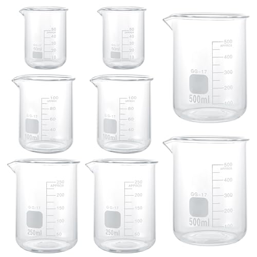 YAYODS 8 Stück Messbecher Glas - Messbecher Set 500 ml 100 ml 50 ml 250 ml - Messbecher mit Graduierung - Becherglas für Labor, Schule YAYODS 8 Stück Messbecher Glas - Messbecher Set 500 ml 100 ml 50 ml 250 ml - Messbecher mit Graduierung - Becherglas für Labor, Schule von YAYODS