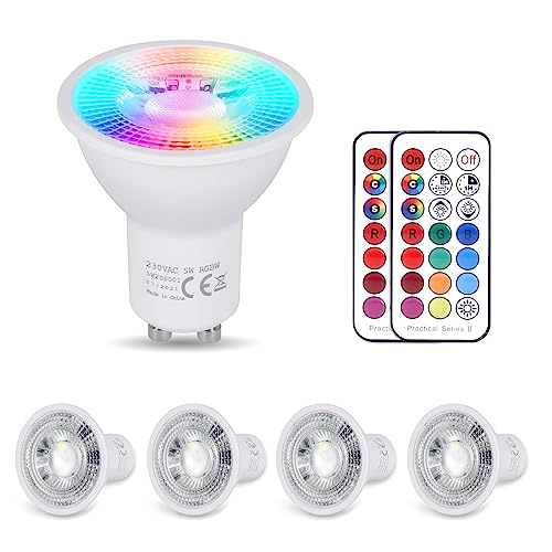 YAYZA! 5W GU10 LED RGB Farbwechsel Lampe,Dimmbar Warmweiß Glühbirne(3000K), Ersatz für 50W Halogenlampen,450LM RGB Farbwechsel Spot Licht,120 Farbens,5 Modi,mit Fernbedienung(4 Stück) von YAYZA!