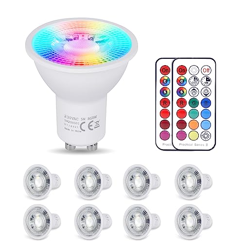 YAYZA! GU10 LED Farbwechsel Lampe, 5W Dimmbar Warmweiß Glühbirne(3000K), 450LM RGB Spot Licht, 120 Farbens, 5 Modi, RGB Birne mit Fernbedienung, für Schienenleuchte, Downlights(8 Stück) von YAYZA!