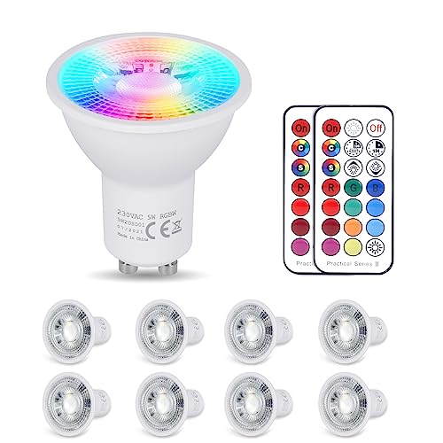 YAYZA! GU10 LED Farbwechsel Lampe, 5W Dimmbar kaltweiß Glühbirne(6000K), 450LM RGB Spot Licht, 120 Farbens, 5 Modi, RGB Birne mit Fernbedienung, für Schienenleuchte, Downlights(8 Stück) von YAYZA!